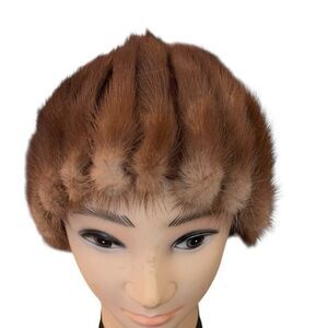 Vtg Real Mink Fur Ribbed Beanie Hat Lined Union Made USA One Size Cap Stretch